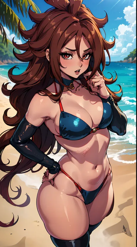 (best quality:1.3), Android 21, ), peituda, clivagem, (brown hair), ((long hair), sedutora, rosto sexy,  sexy, body curvy, bunda grande, (bikini blue and red), (Praia),