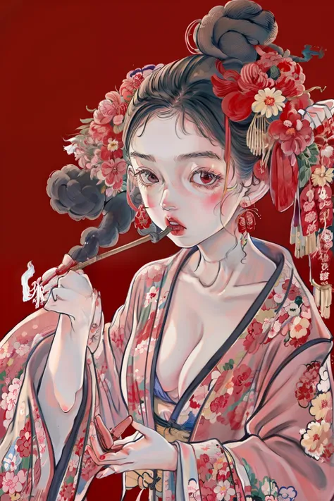 花魁、kimono、Turn around、the whole、full bodyesbian、Smoke pipes、kiseru、Overall view、Gorgeous red kimono、Sister sitting、Blowing up the smoke pipe