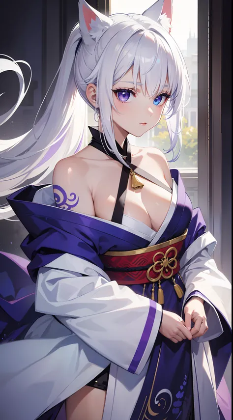 young girl, white colored hair, Cats ears, high ponytail, Heterochromia, blue and purple eyes, Blue kimono, tattoo, Sleeveless, Deep neckline on the chest, open breasts, open shoulders, Masterpiece, hiquality, high detail, HD, 4k