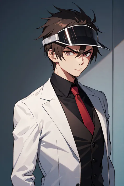 best quality,masterpiece,original,extremely detailed wallpaper,looking at viewer,1boy,solo,male,male focus,brown hair, spiky hair,angry,white_suit,visor,red_necktie,black slacks,