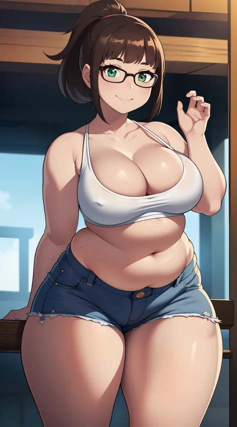 ((kipteitei art)), ((highres)), Masterpiece, high quality, best quality, beautiful, perfect lighting, detailed face, ultra cute face, full body, cowboy shot, ((1girl)), ((solo), skindentation, short brown hair, green eyes, glasses, ponytail, smile, looking...