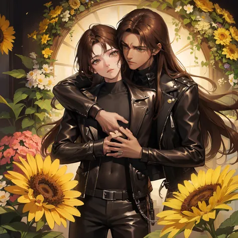 (Masterpiece), (best picture quality), 8K, high detail, super detail, 1 boy (young adult), (dark-skinned male), long hair, ((brown hair)), brown eyes, black leather jacket, hugs a bouquet of chrysanthemums flowers, (expression of sadness)