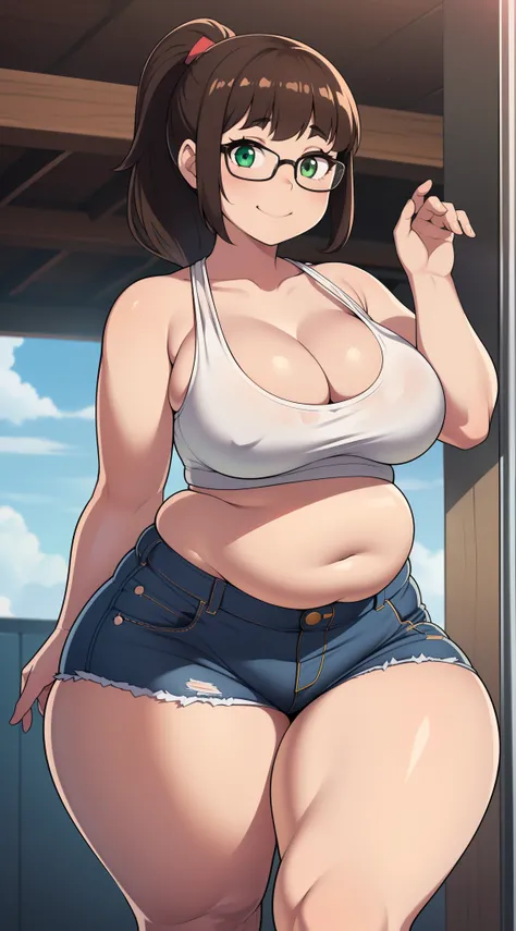 ((kipteitei art)), ((highres)), Masterpiece, high quality, best quality, beautiful, perfect lighting, detailed face, ultra cute face, full body, cowboy shot, ((1girl)), ((solo), skindentation, short brown hair, green eyes, glasses, ponytail, smile, looking...