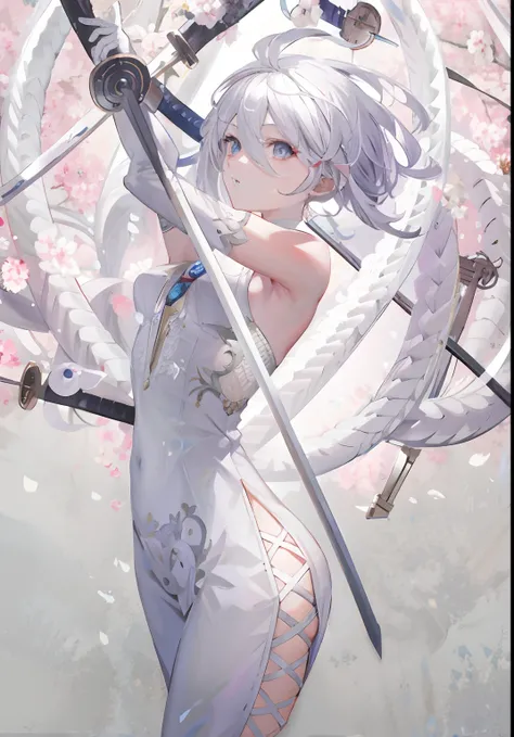 Anime girl with white hair and white dress holding two swords, white-haired god, clean and meticulous anime art, Kushatt Krenz Key Art Women, Detailed key anime art, highly detailed exquisite fanart, Detailed digital anime art, Detailed anime artwork, anim...