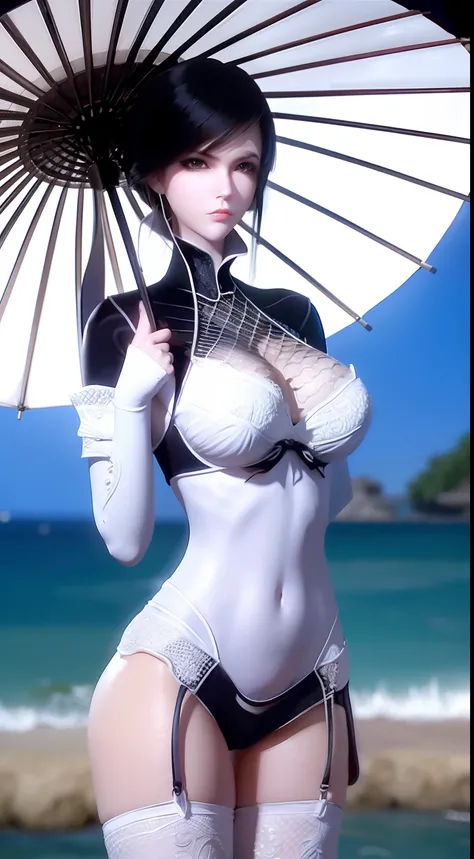 A girl with black hair holds an umbrella，Hands over large breasts。Wearing sexy white lingerie by the sea