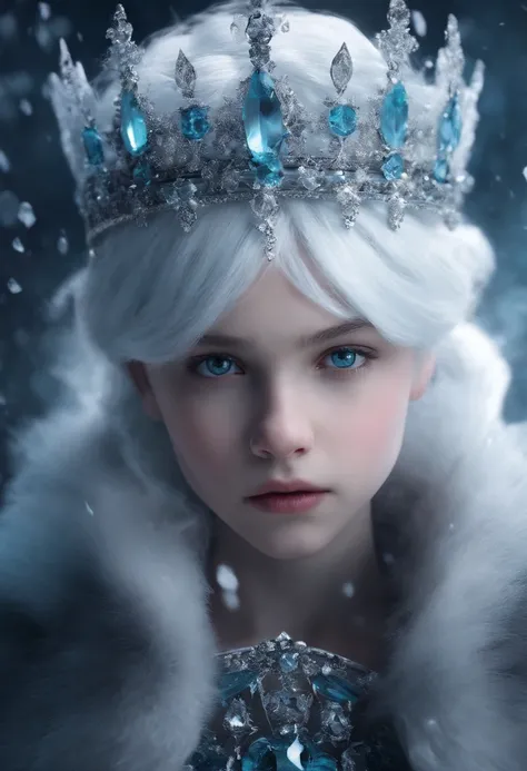 Semi realistic 12 year old girl with ice crown psychotic face destroyed scenario frozen short white hair