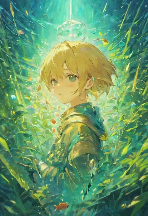 A boy holds a fish tank，The boy was surrounded by willow branches，Willow，Divine，Little fish in an anime boy fish tank，Round fish tank，Transparent fish tank，The fish tank faces away from the avalanche，Ahead is the Milky Way，anime big breast