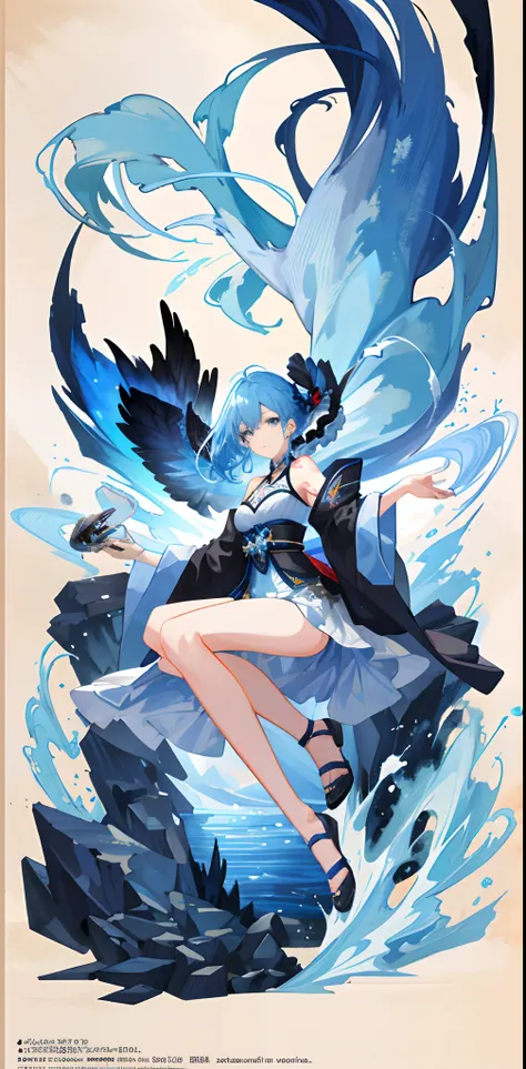 Ultra-high definition 2D art, close-up (1 woman), light blue hair, 2D animation style, soft and delicate depiction, attention also on her full-body tattoos (full-body art), landscape mode, masterpieces by Guweiz and James Jean, tattoo expert designs by CGS...