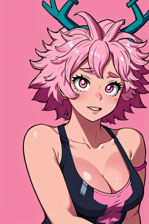 horikoshi kouhei, 1girl, ashido mina, bare shoulders, boku no hero academia, cleavage, colored skin, highres, medium breasts, pink hair, pink skin, solo, antlers, illustration, vibrant colors, soft lighting