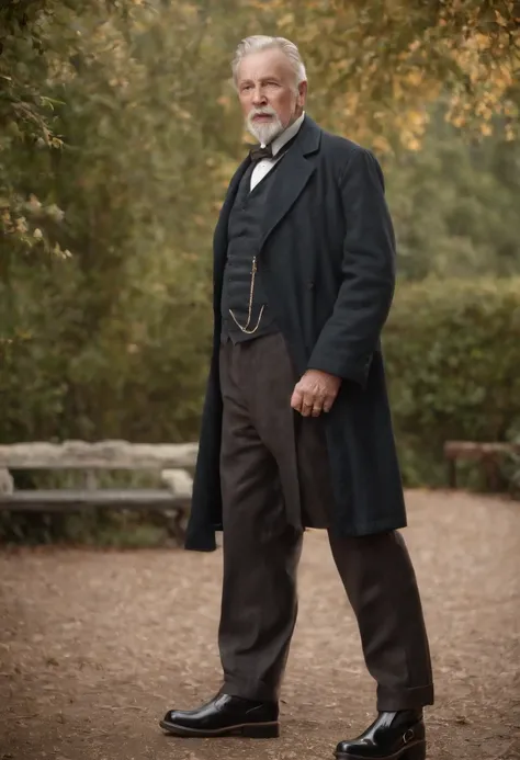 Old gentleman with a goatee，sit on chair，Eyes look at boots，Black high-gloss rain boots, 8K分辨率,Wallpaper masterpiece，Best quality，Highly meticulous，Ultra high quality