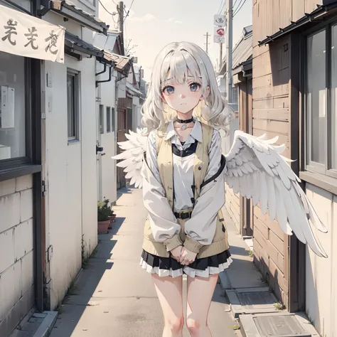 1girll, Medium breasts, Blonde hair, Long hair, Wavy hair, With gray eyes, White feathered wings, Outdoors, White jacket, choker necklace, vests, one-girl，Loli,elementary student，独奏, (with short white hair:1.2),