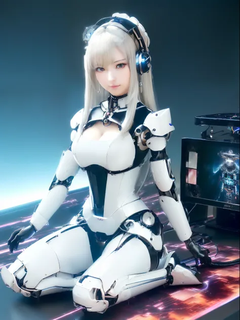 ((masutepiece)), ((top-quality), high quarity、ultra-definition, Realistic,  fulcolor 、One beautiful robot woman、Joints of machines、Frame of the machine、Thick wire joints、White porcelain mechanical armor、(Curvaceous face)、deadpan、((Electronic substrate))、st...