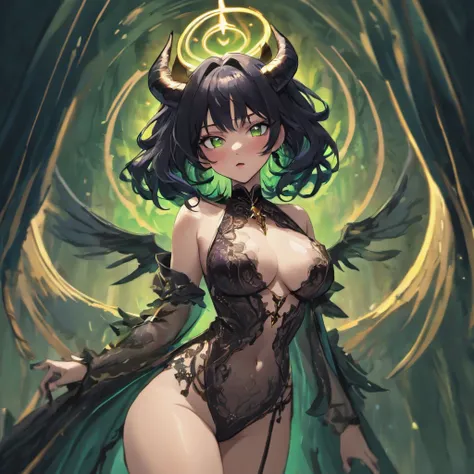 (black hair, green eyes:1.1) thicc succubus, (thigh-high fishnets:1.1), seductive expression, (beautiful detailed eyes, beautiful detailed lips), (demon horns), (voluptuous body), (dark atmosphere), (sensual pose), (soft lighting), (provocative outfit), (d...