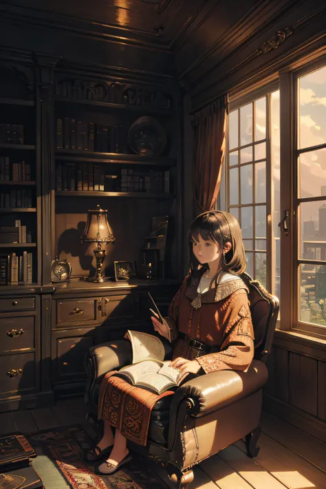 (a person sitting in a cozy room),reading a beautiful book,turning the page slowly,immersed in the captivating story,(soft lighting),(comfortable chair),(bookshelf full of books),exquisite details on the book cover,detailed textures on the pages,subtle sha...