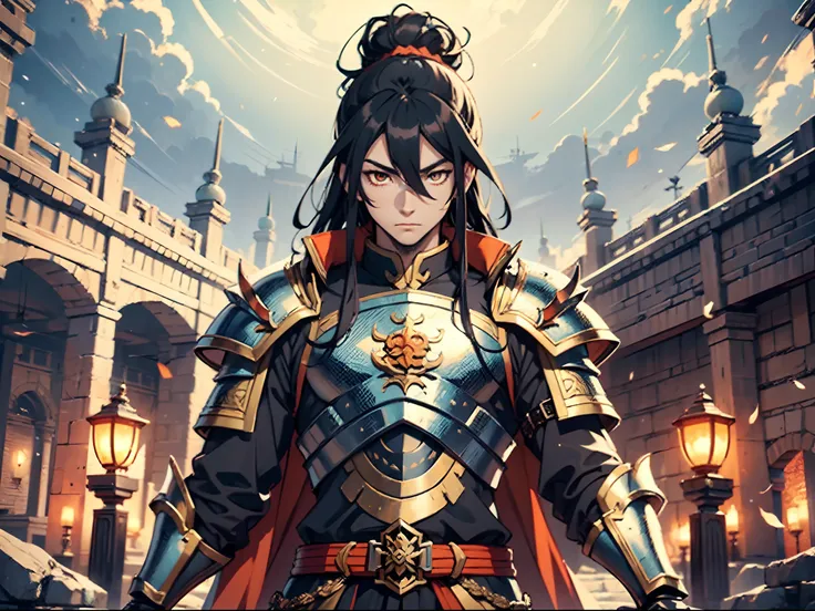 Ultra High Definition, Ultra High Quality, Extremely Detailed, Perfectly Detailed, Masterpiece, 8k, 1 Boy, Look A Like Xin From Kingdom Anime, Handsome, Armored With Chinese Emperor Armor, Black And Orange Pupil Eyes, Black Long Hair Tied, Full Body Shot, ...