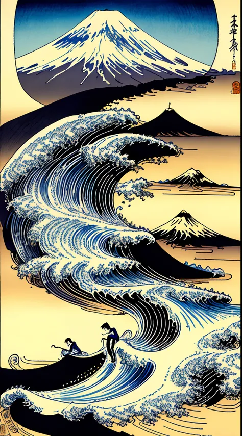 Surfing、catss、surfing、Mt fuji、Hokusai、ukiyoe painting、top-quality、​masterpiece、