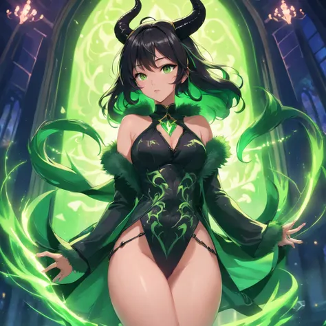 (black hair, green eyes:1.1) thicc succubus, (thigh-high fishnets:1.1), seductive expression, (beautiful detailed eyes, beautiful detailed lips), (demon horns), (voluptuous body), (dark atmosphere), (sensual pose), (soft lighting), (provocative outfit), (d...