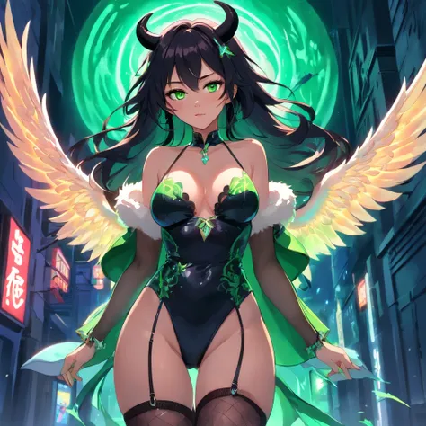 (black hair, green eyes:1.1) thicc succubus, (thigh-high fishnets:1.1), seductive expression, (beautiful detailed eyes, beautiful detailed lips), (demon horns), (voluptuous body), (dark atmosphere), (sensual pose), (soft lighting), (provocative outfit), (d...