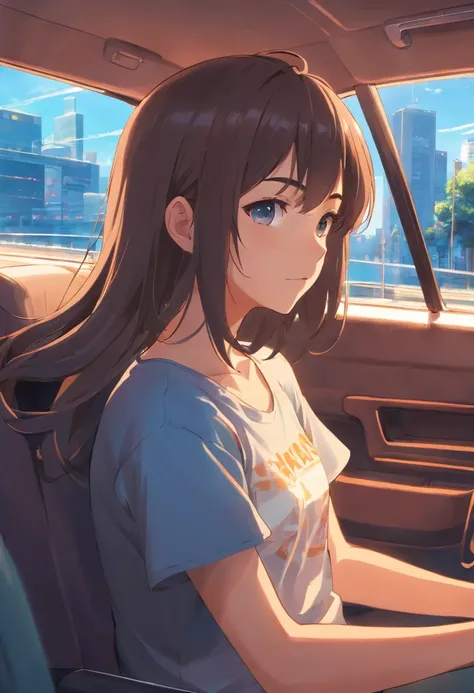 In the car, a woman in her 30s, wearing a T shirt, was driving intently, Ultra-detailed image of the interior of the car, Manga style, Full-HD