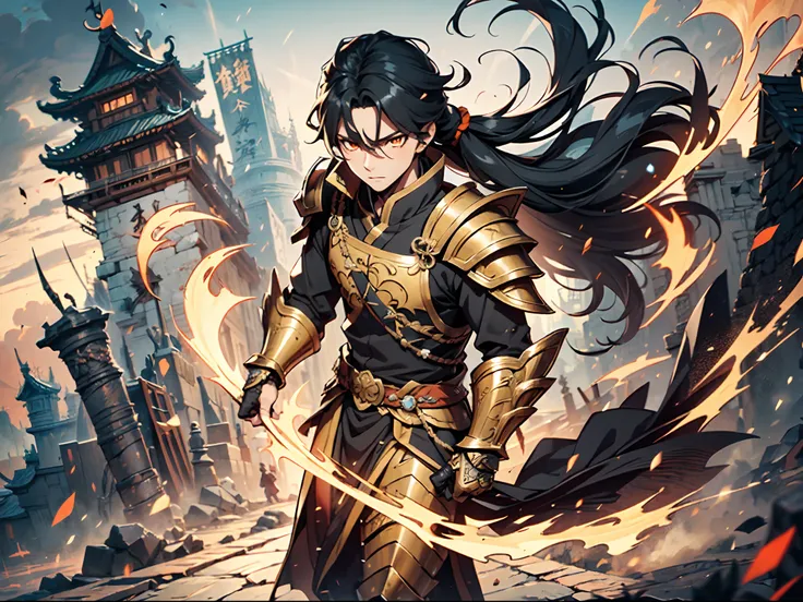 Ultra High Definition, Ultra High Quality, Extremely Detailed, Perfectly Detailed, Masterpiece, 8k, 1 Boy, Look A Like Xin From Kingdom Anime, Handsome, Armored With Chinese Emperor Armor, Black And Orange Pupil Eyes, Black Long Hair Tied, Full Body Shot, ...