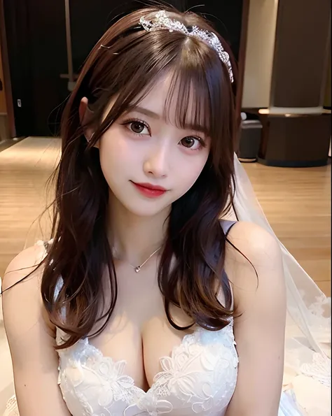 ,((Princess Line • Wedding Dresses)) ,((Best Quality, 8K, masutepiece :1.3)), (full body Esbian), Sharp Focus :1.2, A pretty woman with perfect figure :1.4, Slender Abs :1.2, ((dark brown hair, Parted bangs,Big breasts :1.2)), (chapel), Highly detailed fac...