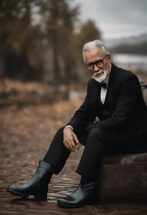 Old gentleman with a goatee，sit on chair，Eyes look at boots，Black high-gloss rain boots, 8K分辨率,Wallpaper masterpiece，Best quality，Highly meticulous，Ultra high quality，Increase brightness。