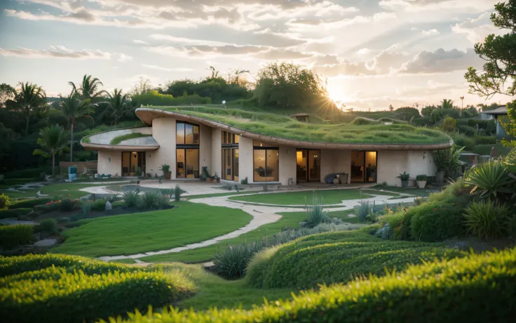 A photographyof a imposing contemporary modern sigle storey house with a organic curved angular rounded corners walls and (((greenroof:1.2))) in tropical backyard with a ((biological pool)), plaster (((rustic mud stucco terracotta))) and a (((wave shape gr...