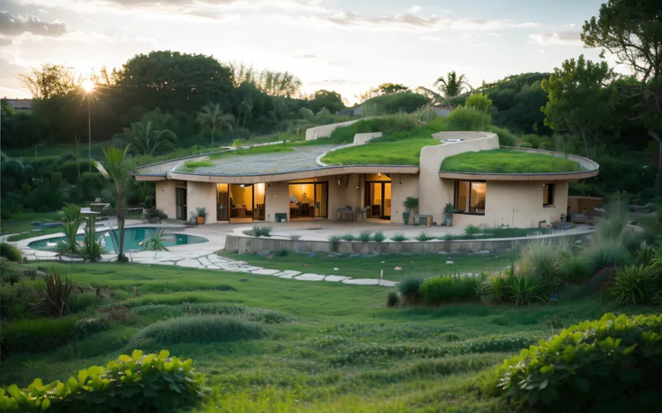 A photographyof a imposing contemporary modern sigle storey house with a organic curved angular rounded corners walls and (((greenroof:1.2))) in tropical backyard with a ((biological pool)), plaster (((rustic mud stucco terracotta))) and a (((wave shape gr...