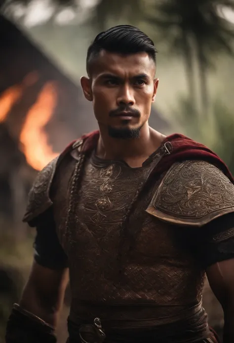 Portrait of a malay Viking warrior, hang jebat, very handsome and strong, strong and muscular, tanned and strong, dark short hair, wear tanjak, malay tradional outfit mix with viking, brave warrior, similar to actor sharnaaz ahmad, standing in front of a b...