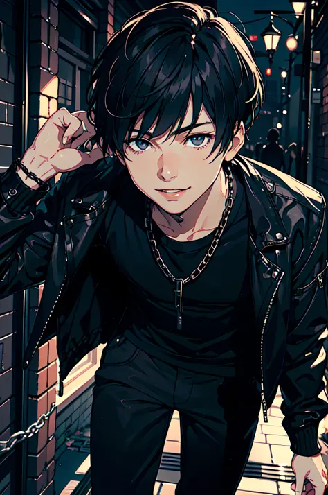 best quality,masterpiece,original,extremely detailed wallpaper,looking at viewer,1boy,solo,male,male focus,black hair,short hair,straight hair with bangs, hair under eyes,black jacket,open jacket,black pants with chains,seductive_smile