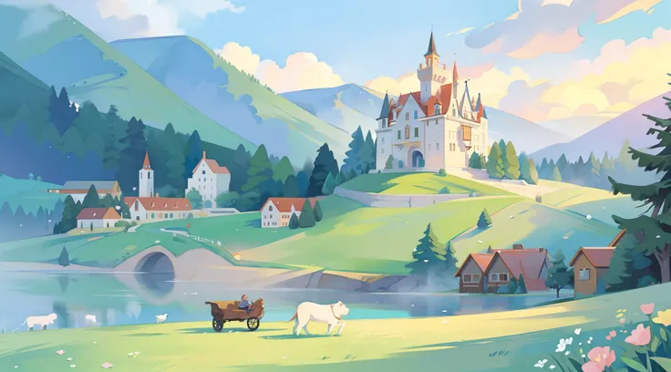 ((picture book illustration)), fantasy landscape, watercolor illustration, whimsical, warm colors, fairytale castle and village, ((princess castle)), fairytale medieval style houses, ((masterpiece)), highly detailed environment