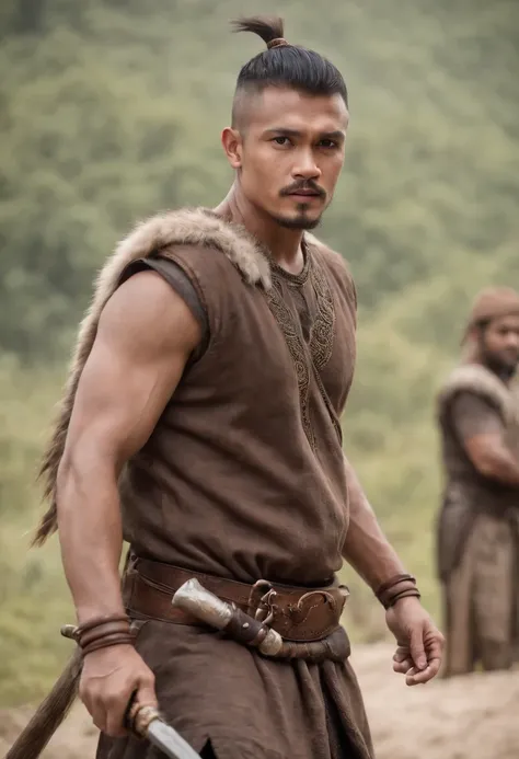 Portrait of a malay Viking warrior, hang jebat, very handsome and strong, strong and muscular, tanned and strong, dark short hair, wear tanjak, malay tradional outfit mix with viking, brave warrior, similar to actor sharnaaz ahmad, standing in front of a b...