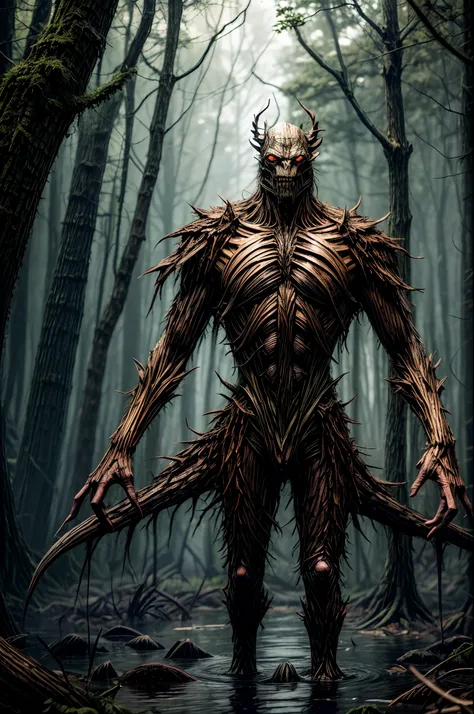 monster of nature, creature made of wood and leaves, grim, protector of the swamp, the face made of wood and magic, bright eyes, long arms and legs, ominous
hiper detailed, 4k