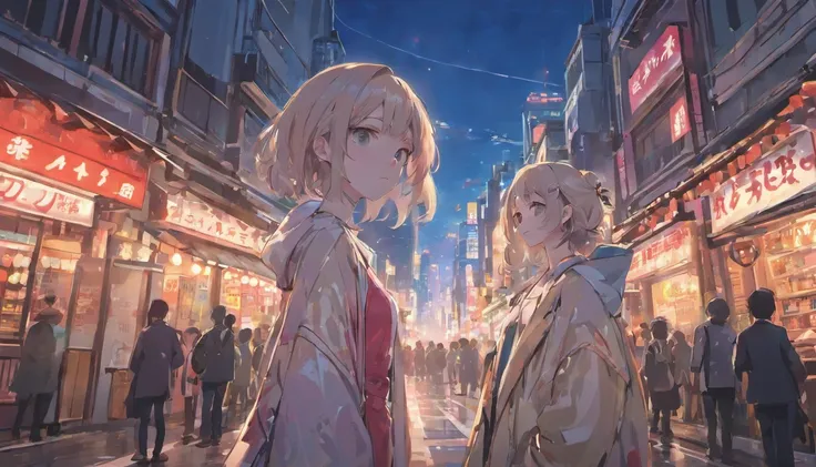 A sexy anime 1girl stands on the bustling streets of Tokyo city at night. Her headphones frame her face, emphasizing her focused expression. Her glowing skin seems to catch the city lights, giving her an almost ethereal glow. The background is a beautiful ...