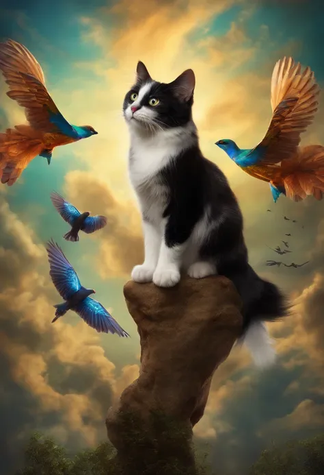 3 cat with wings flying high in sky,