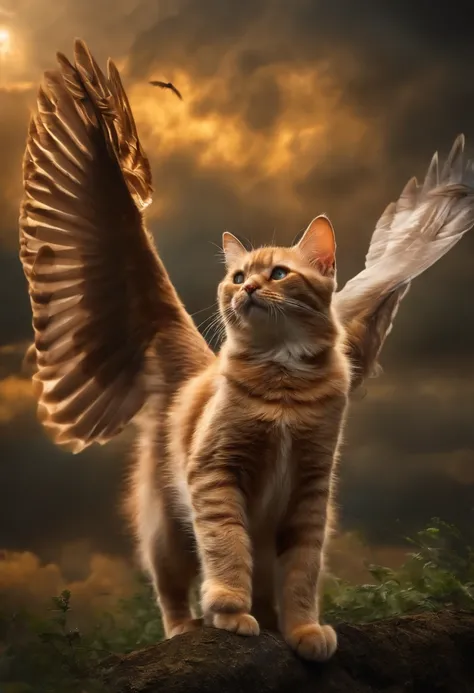 3 cat with wings flying high in sky,