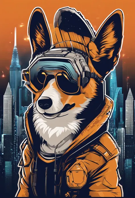 retro vector t-shirt logo design with a corgi , with sunglasses reflecting the Calgary skyline, black background, sun in the background of the image, with text, "I love my Corgi"