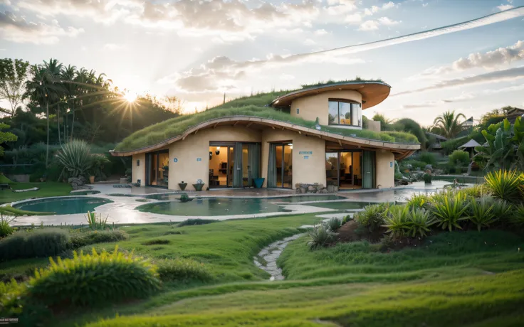 A photographyof a imposing contemporary modern sigle storey house with a organic curved angular rounded corners walls and greenroof in tropical backyard with a (((biological pool with stones and vegetation in edges))), plaster (((rustic mud stucco terracot...