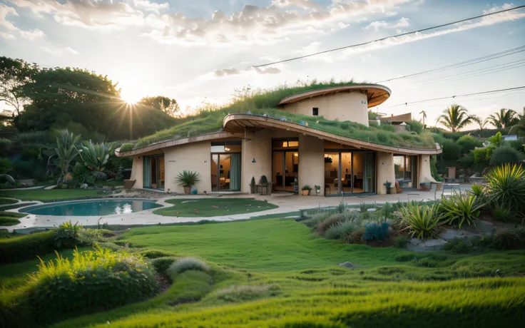 A photographyof a imposing contemporary modern sigle storey house with a organic curved angular rounded corners walls and greenroof in tropical backyard with a (((biological pool with stones and vegetation in edges))), plaster (((rustic mud stucco terracot...