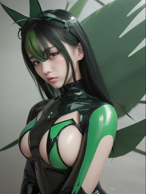 Best Quality,Gorgeous Korean Woman,(Light green and black mechanical latex suit:1.3),Gothic Lolita Makeup,(Full body),(Leaf Wing:1.2),29yo,super model,Staring at the viewer,Big,Wet skin,Shiny skin,antennae,Blue Pupils,((Saliva)),Latex Face Mask around eyes