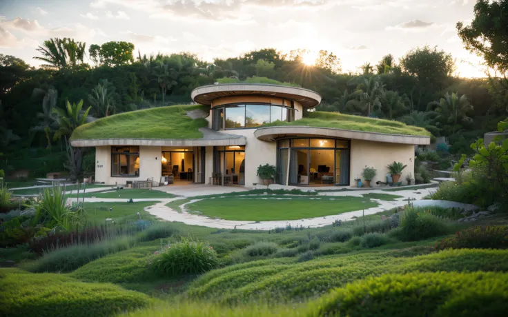 A photographyof a imposing contemporary modern sigle storey house with a organic curved angular rounded corners walls and (((greenroof:1.2))) in tropical backyard with a ((biological pool)), plaster (((rustic mud stucco terracotta))) and a (((wave shape gr...