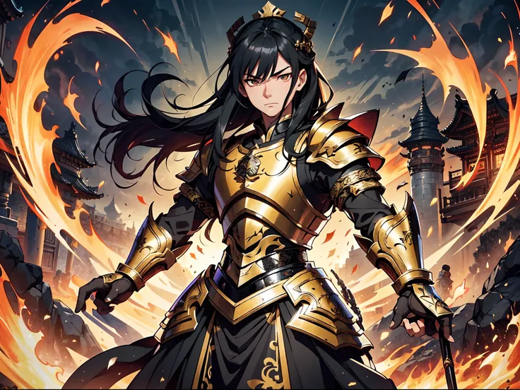 Ultra High Definition, Ultra High Quality, Extremely Detailed, Perfectly Detailed, Masterpiece, 8k, 1 Boy, Look A Like Xin From Kingdom Anime, Handsome, Armored With Chinese Emperor Armor, Black And Orange Pupil Eyes, Black Long Hair Tied, Full Body Shot, ...