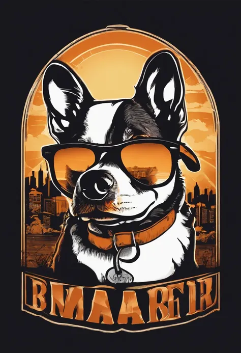 retro vector t-shirt logo design with a corgi , with sunglasses reflecting the Calgary skyline, black background, sun in the background of the image,