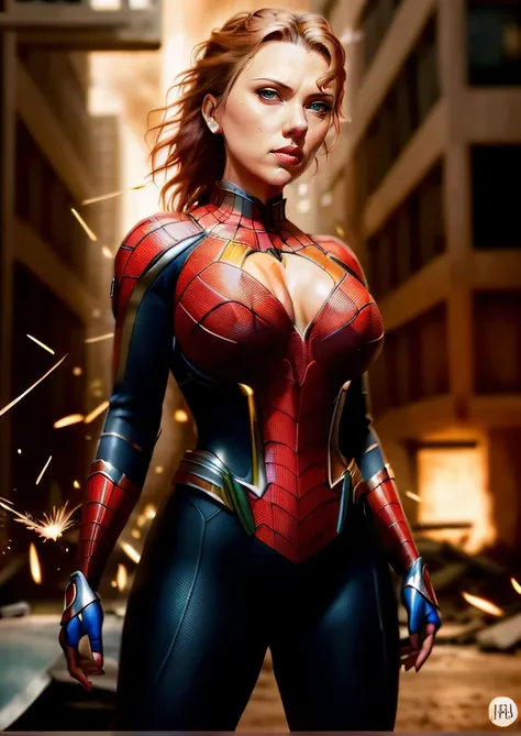 Scarlett Johansson face perfeita em traje detalhado do Homem-Aranha, super hero pose, Standing in the ruined city at sunset, hiperdetalhado, smoke billowing, Sparks, raios solares, (8k), realista, symmetr, Concedido, cinematographic lightning, Encharcado, ...