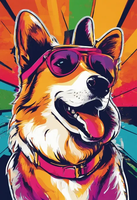 retro vector t-shirt logo design with a corgi , with sunglasses reflecting the saddledome,, black background, sun in the background of the image,