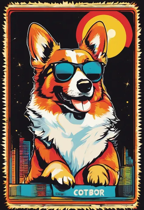 retro vector t-shirt logo design with a corgi , with sunglasses reflecting the saddledome,, black background, sun in the background of the image,