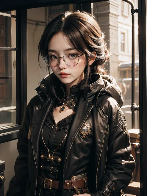 Steampunk,Young girl, small face, ((small chest)), wearing glasses, oversized coat