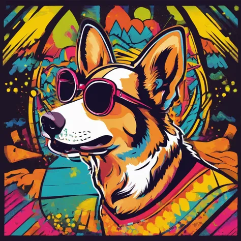 retro vector t-shirt logo design with a corgi , with sunglasses reflecting the saddledome,, black background, sun in the background of the image,