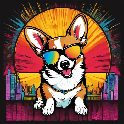 retro vector t-shirt logo design with a corgi , with sunglasses reflecting the saddledome,, black background, sun in the background of the image,