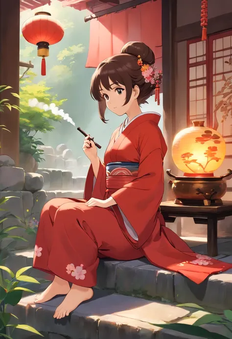 花魁、kimono、Turn around、the whole、full bodyesbian、Overall view、Gorgeous red kimono、Sister sitting、Beckoning、Smoke pipes